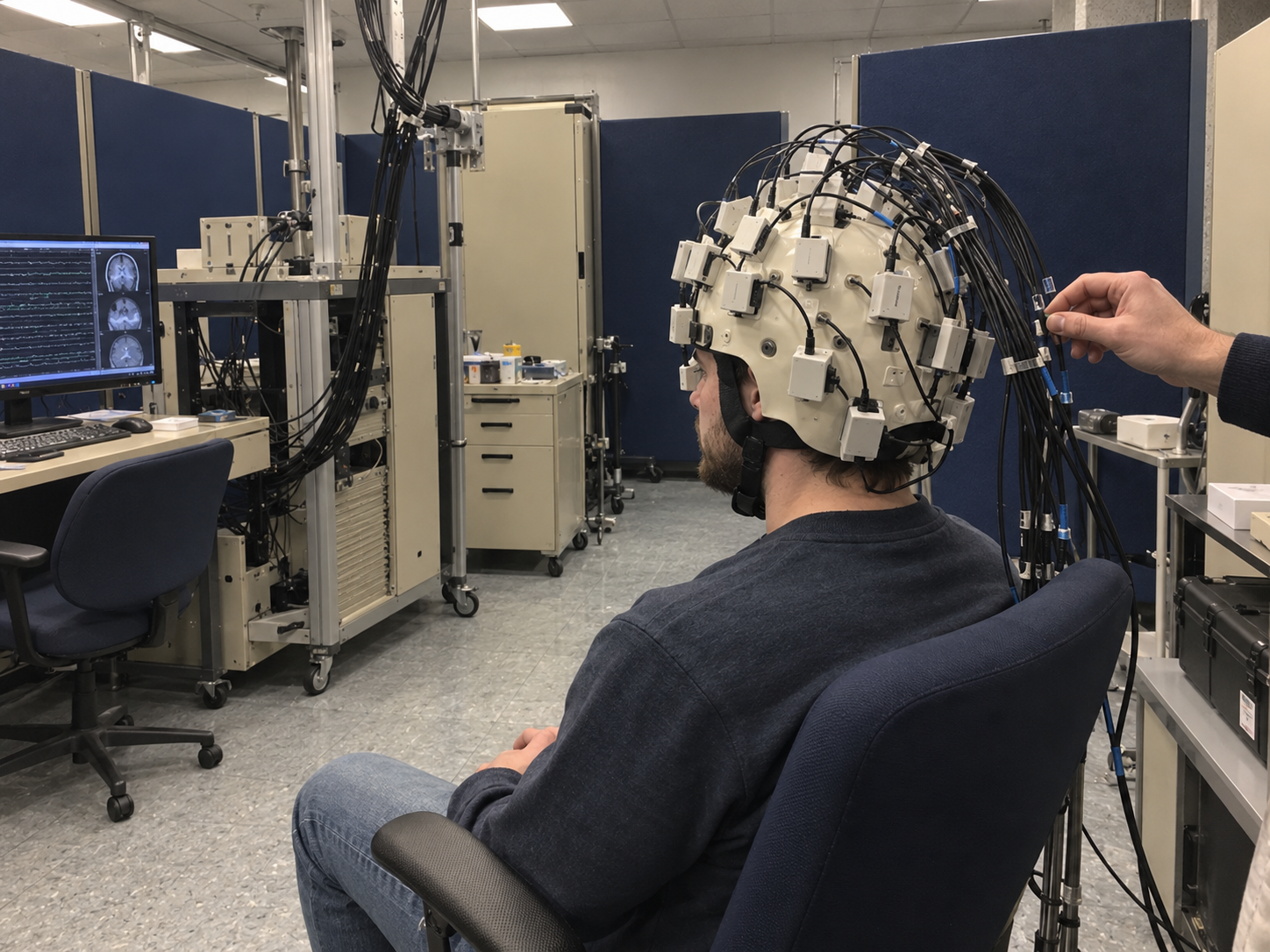 A participant wearing a helmet fitted with optically pumped magnetometers